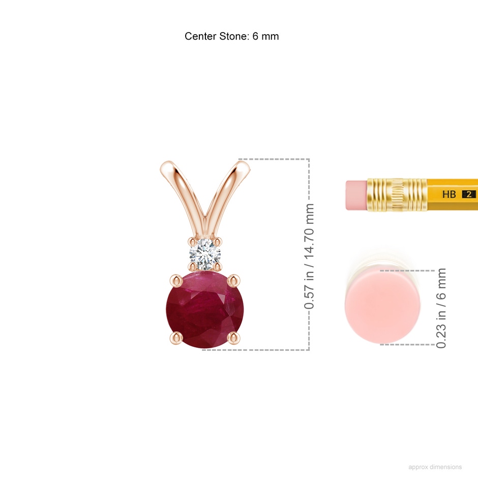 6mm A Round Ruby Solitaire V-Bale Pendant with Diamond in Rose Gold ruler