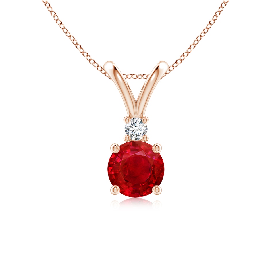 6mm AAA Round Ruby Solitaire V-Bale Pendant with Diamond in Rose Gold 