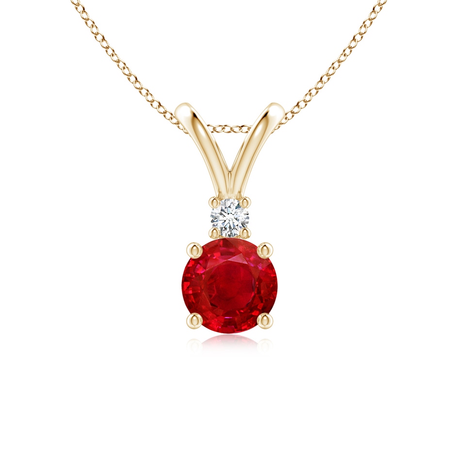 6mm AAA Round Ruby Solitaire V-Bale Pendant with Diamond in Yellow Gold 