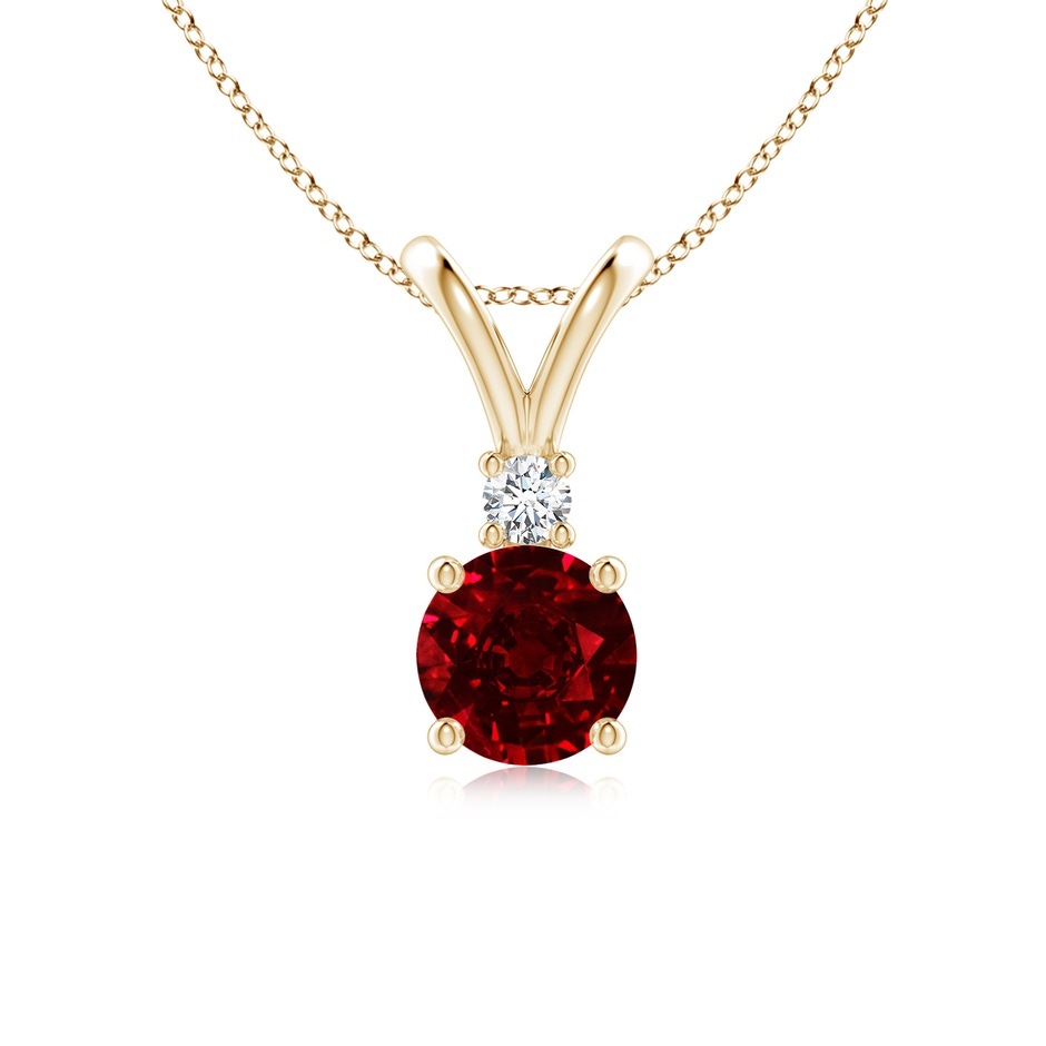 6mm AAAA Round Ruby Solitaire V-Bale Pendant with Diamond in Yellow Gold 