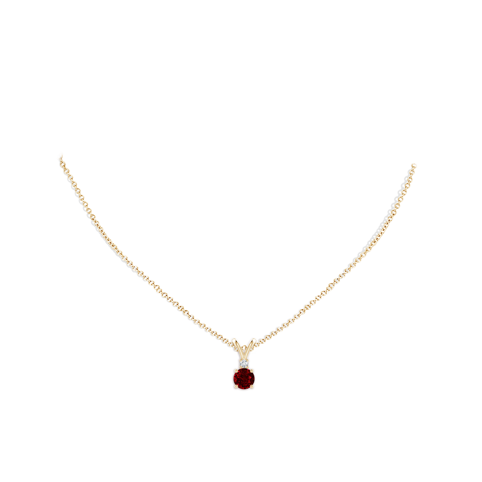 6mm AAAA Round Ruby Solitaire V-Bale Pendant with Diamond in Yellow Gold pen