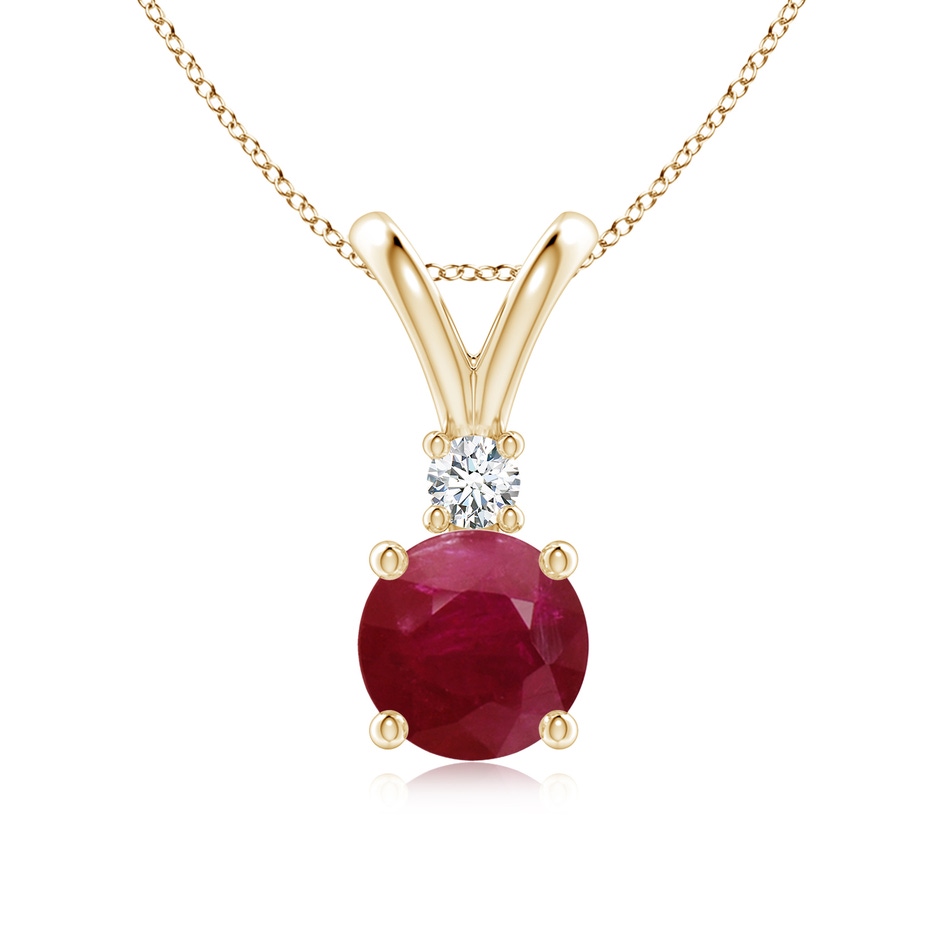 7mm A Round Ruby Solitaire V-Bale Pendant with Diamond in Yellow Gold 