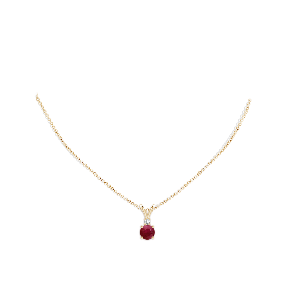 7mm A Round Ruby Solitaire V-Bale Pendant with Diamond in Yellow Gold pen