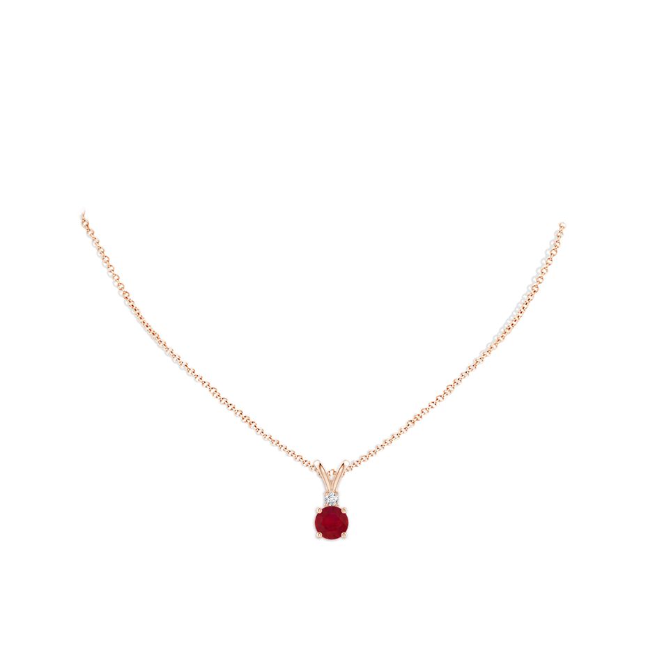 7mm AA Round Ruby Solitaire V-Bale Pendant with Diamond in Rose Gold pen