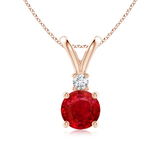 7mm AAA Round Ruby Solitaire V-Bale Pendant with Diamond in Rose Gold