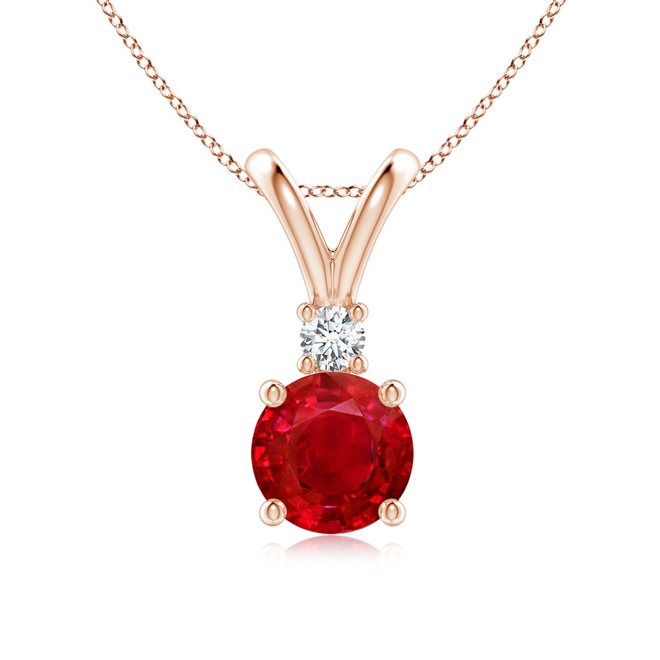 7mm AAA Round Ruby Solitaire V-Bale Pendant with Diamond in Rose Gold 