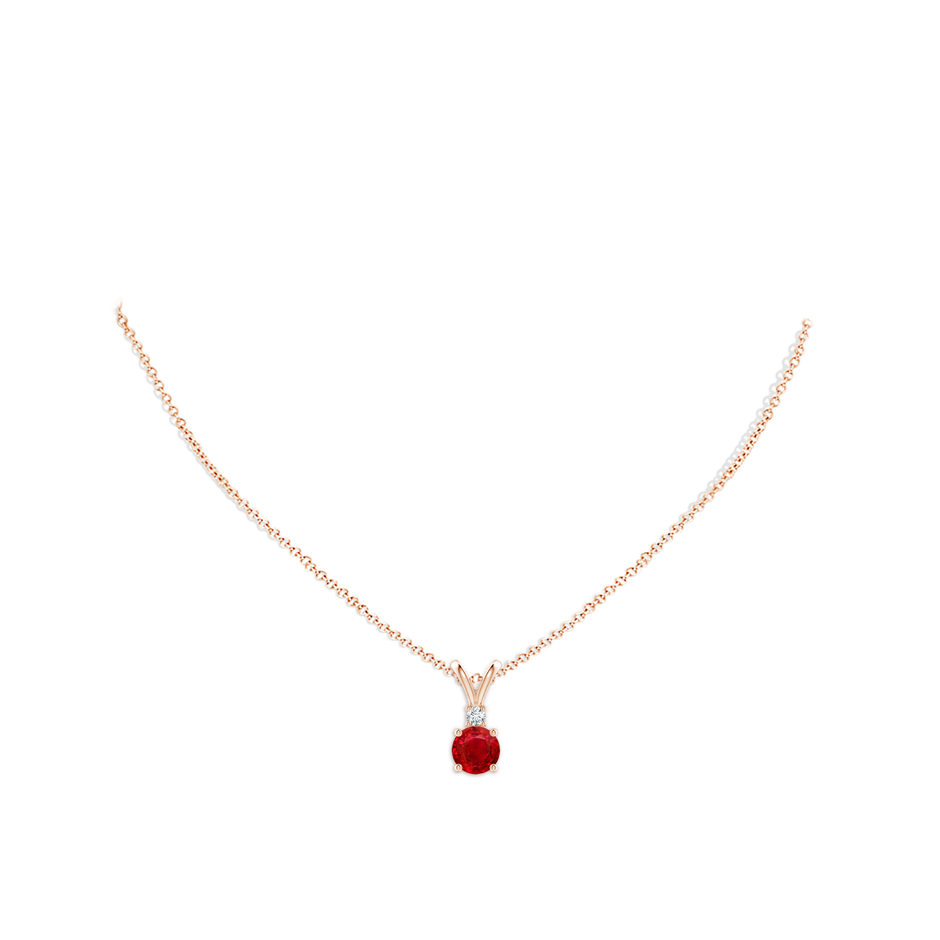 7mm AAA Round Ruby Solitaire V-Bale Pendant with Diamond in Rose Gold pen