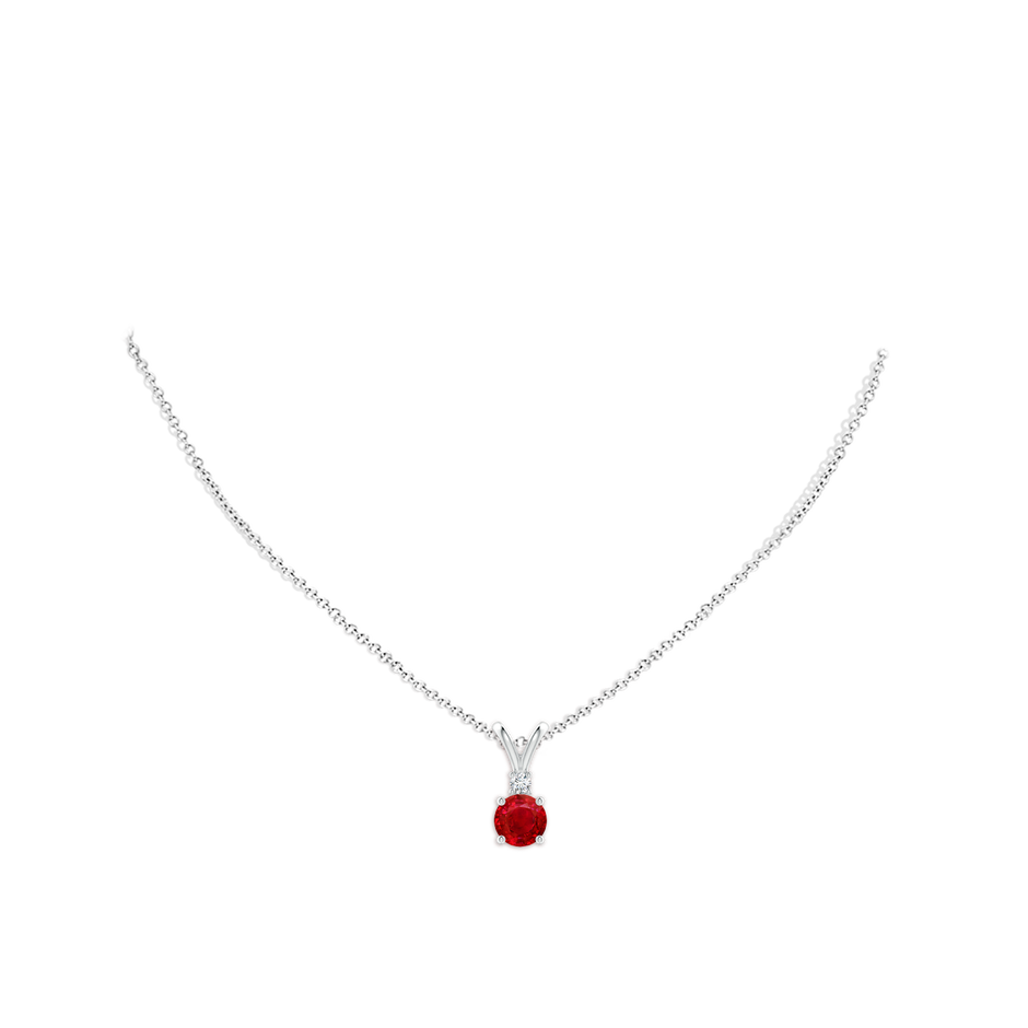 7mm AAA Round Ruby Solitaire V-Bale Pendant with Diamond in White Gold pen