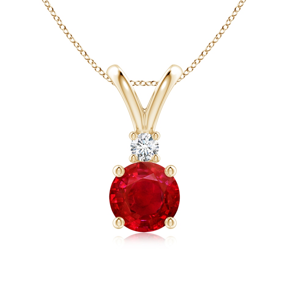 7mm AAA Round Ruby Solitaire V-Bale Pendant with Diamond in Yellow Gold 
