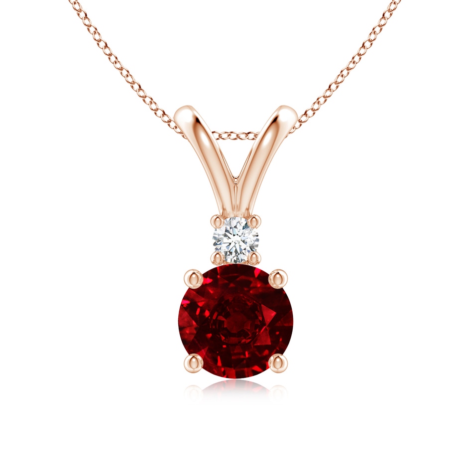 7mm AAAA Round Ruby Solitaire V-Bale Pendant with Diamond in Rose Gold 