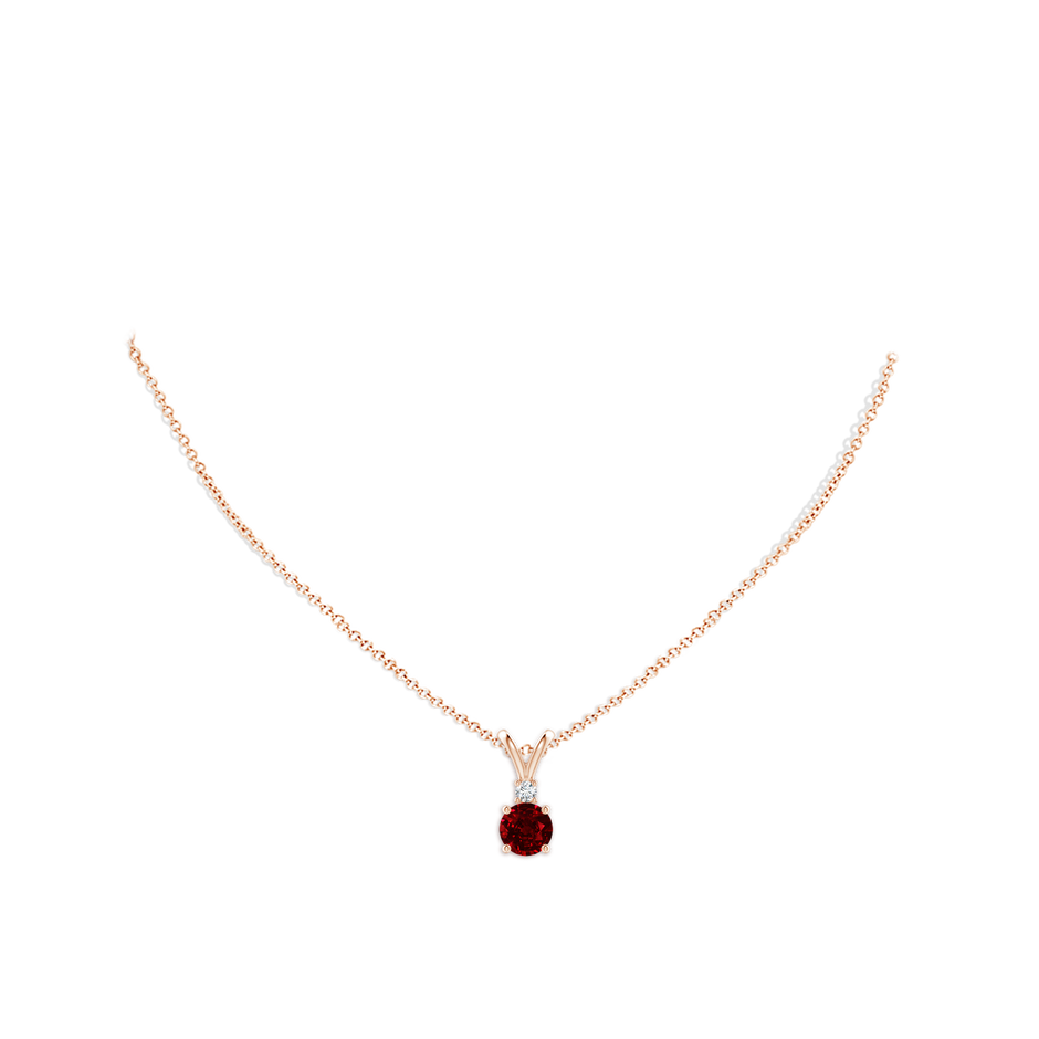 7mm AAAA Round Ruby Solitaire V-Bale Pendant with Diamond in Rose Gold pen