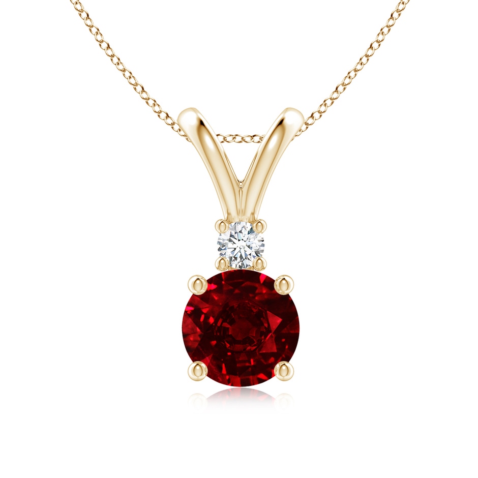 7mm AAAA Round Ruby Solitaire V-Bale Pendant with Diamond in Yellow Gold 