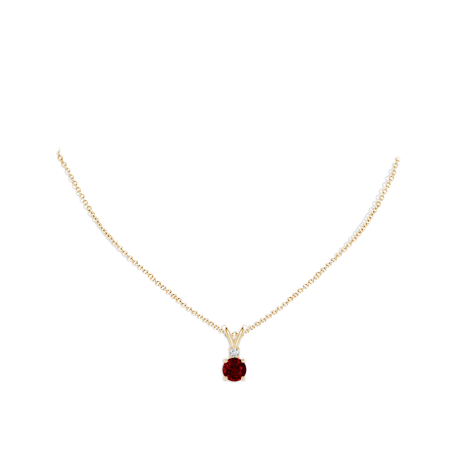 7mm AAAA Round Ruby Solitaire V-Bale Pendant with Diamond in Yellow Gold pen