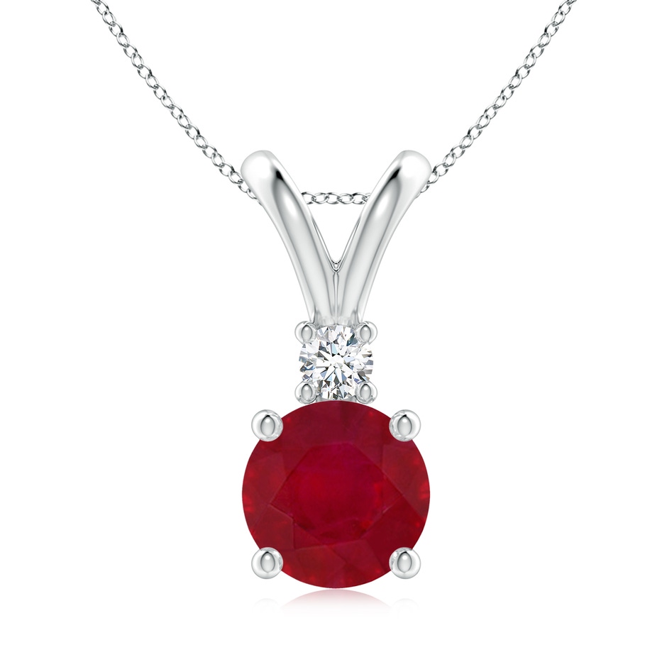 8mm AA Round Ruby Solitaire V-Bale Pendant with Diamond in White Gold 