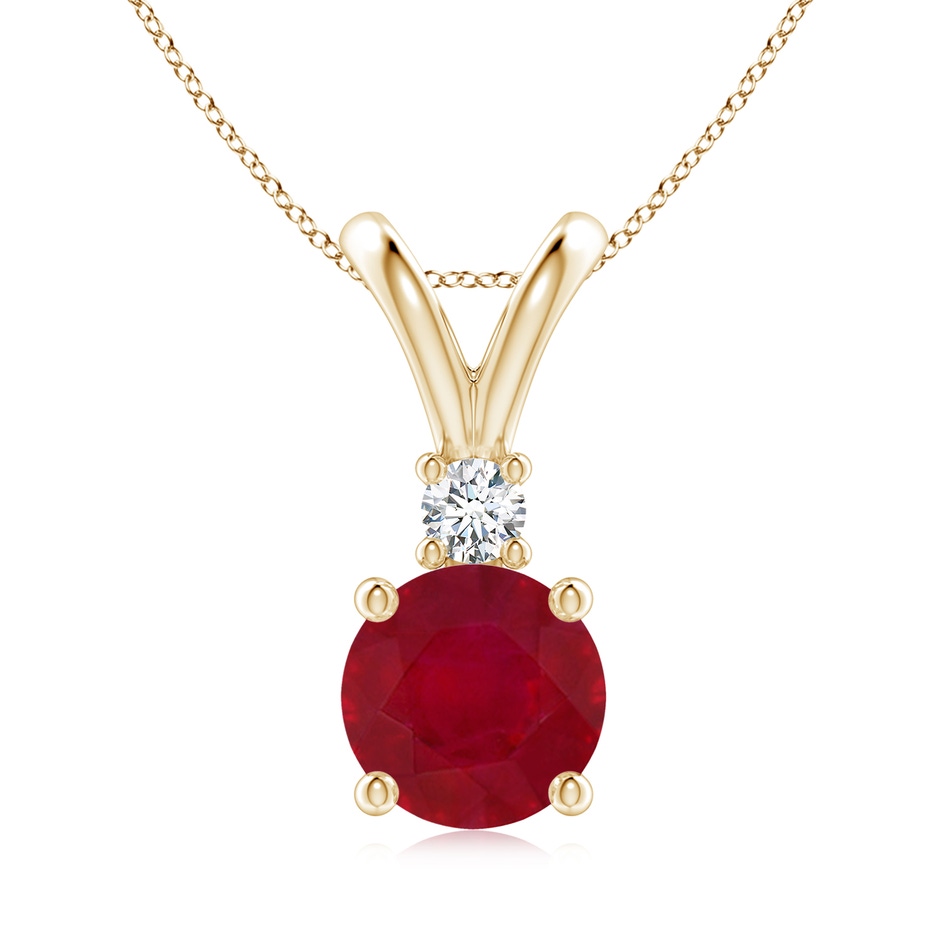 8mm AA Round Ruby Solitaire V-Bale Pendant with Diamond in Yellow Gold 