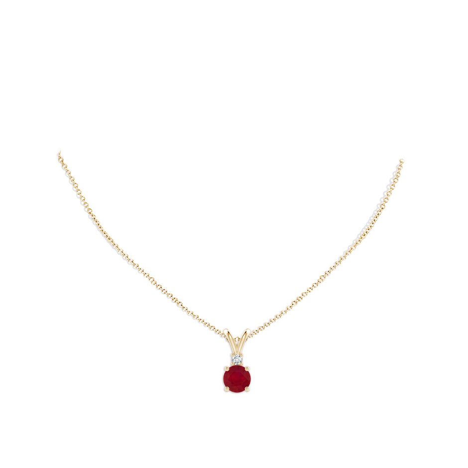 8mm AA Round Ruby Solitaire V-Bale Pendant with Diamond in Yellow Gold pen