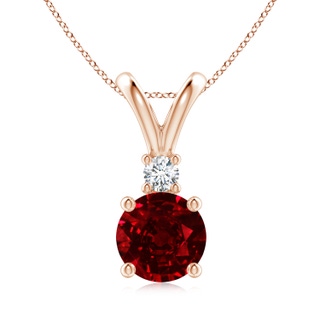 8mm AAAA Round Ruby Solitaire V-Bale Pendant with Diamond in Rose Gold