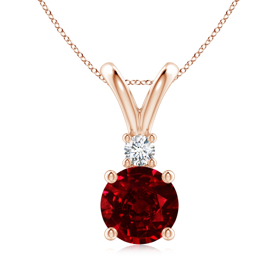 8mm AAAA Round Ruby Solitaire V-Bale Pendant with Diamond in Rose Gold 