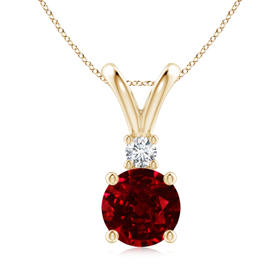 8mm AAAA Round Ruby Solitaire V-Bale Pendant with Diamond in Yellow Gold 