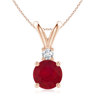 9mm AA Round Ruby Solitaire V-Bale Pendant with Diamond in Rose Gold