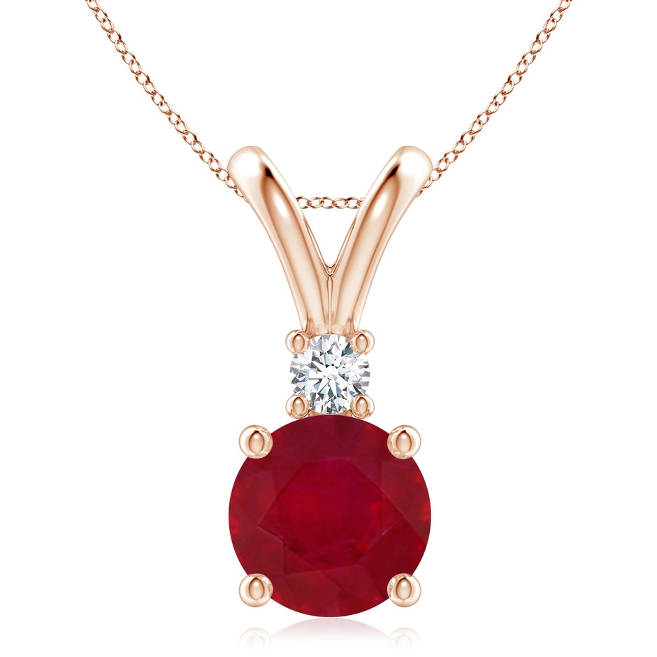9mm AA Round Ruby Solitaire V-Bale Pendant with Diamond in Rose Gold 