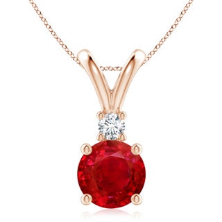 9mm AAA Round Ruby Solitaire V-Bale Pendant with Diamond in Rose Gold