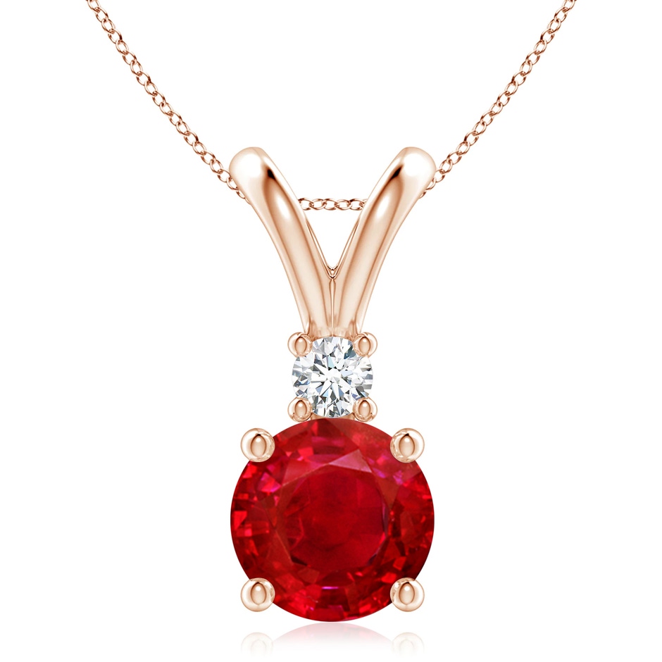 9mm AAA Round Ruby Solitaire V-Bale Pendant with Diamond in Rose Gold 