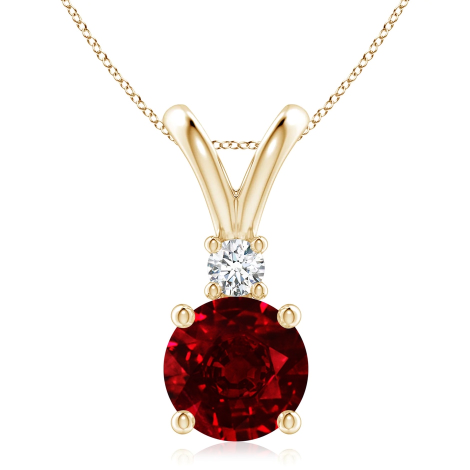 9mm AAAA Round Ruby Solitaire V-Bale Pendant with Diamond in Yellow Gold 
