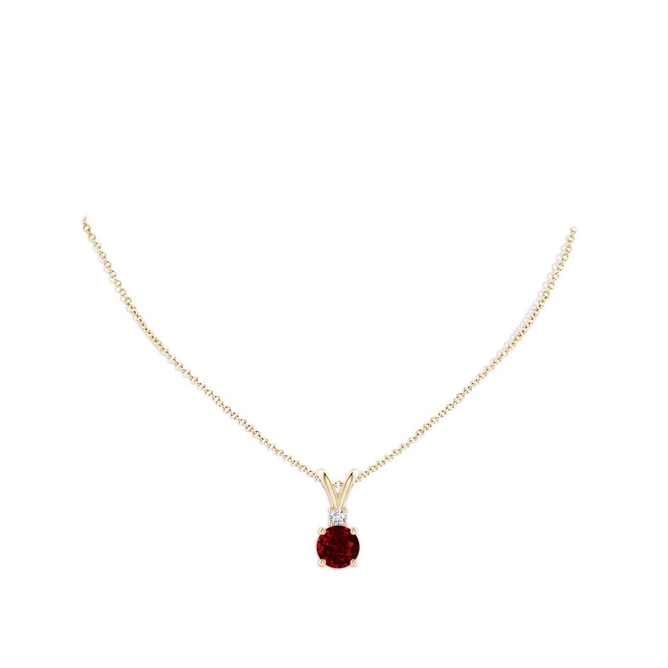 9mm AAAA Round Ruby Solitaire V-Bale Pendant with Diamond in Yellow Gold pen