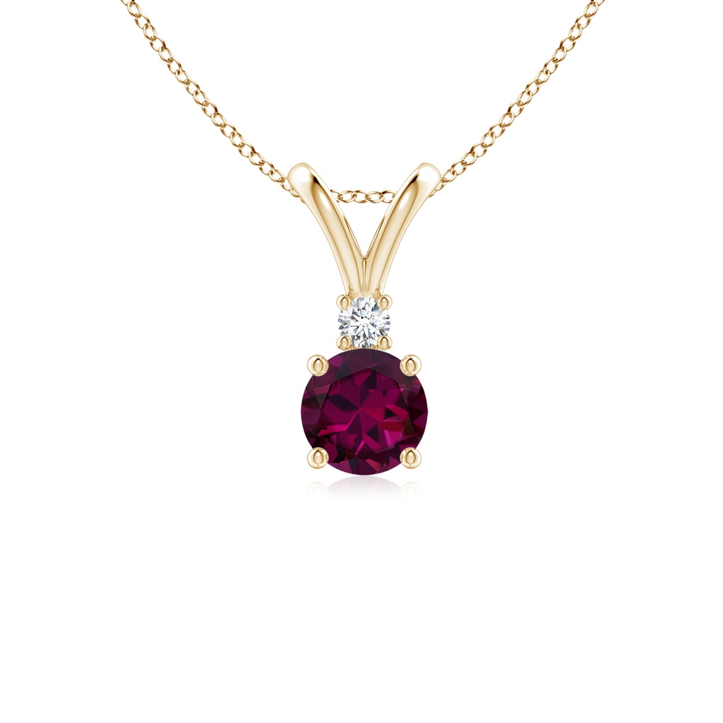 5mm AAAA Round Rhodolite Solitaire V-Bale Pendant with Diamond in Yellow Gold