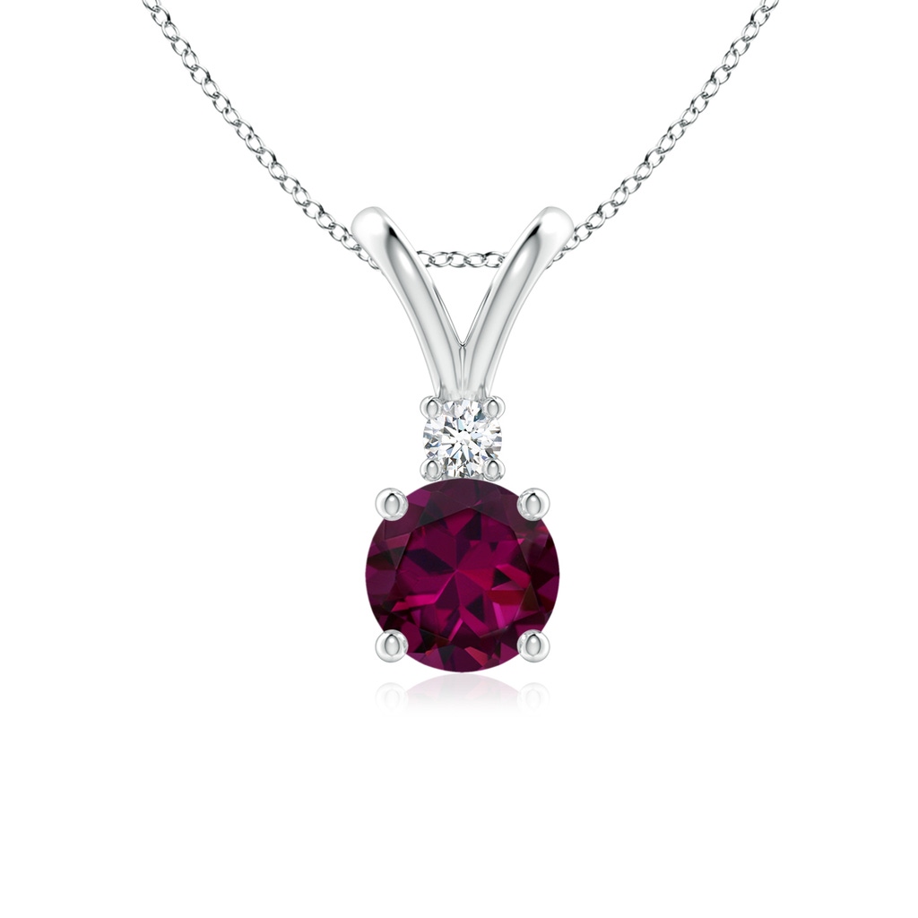 6mm AAAA Round Rhodolite Solitaire V-Bale Pendant with Diamond in White Gold