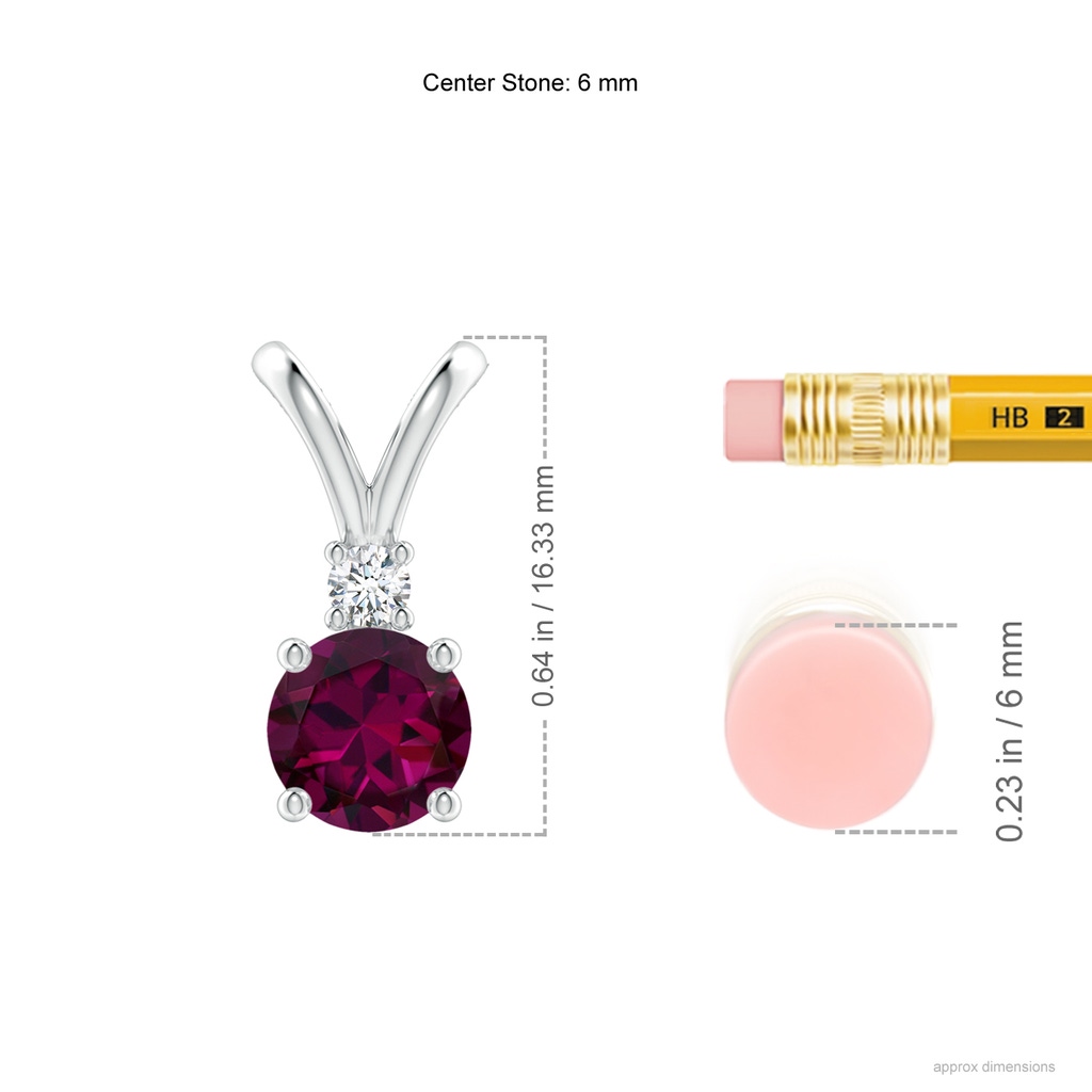6mm AAAA Round Rhodolite Solitaire V-Bale Pendant with Diamond in White Gold Ruler