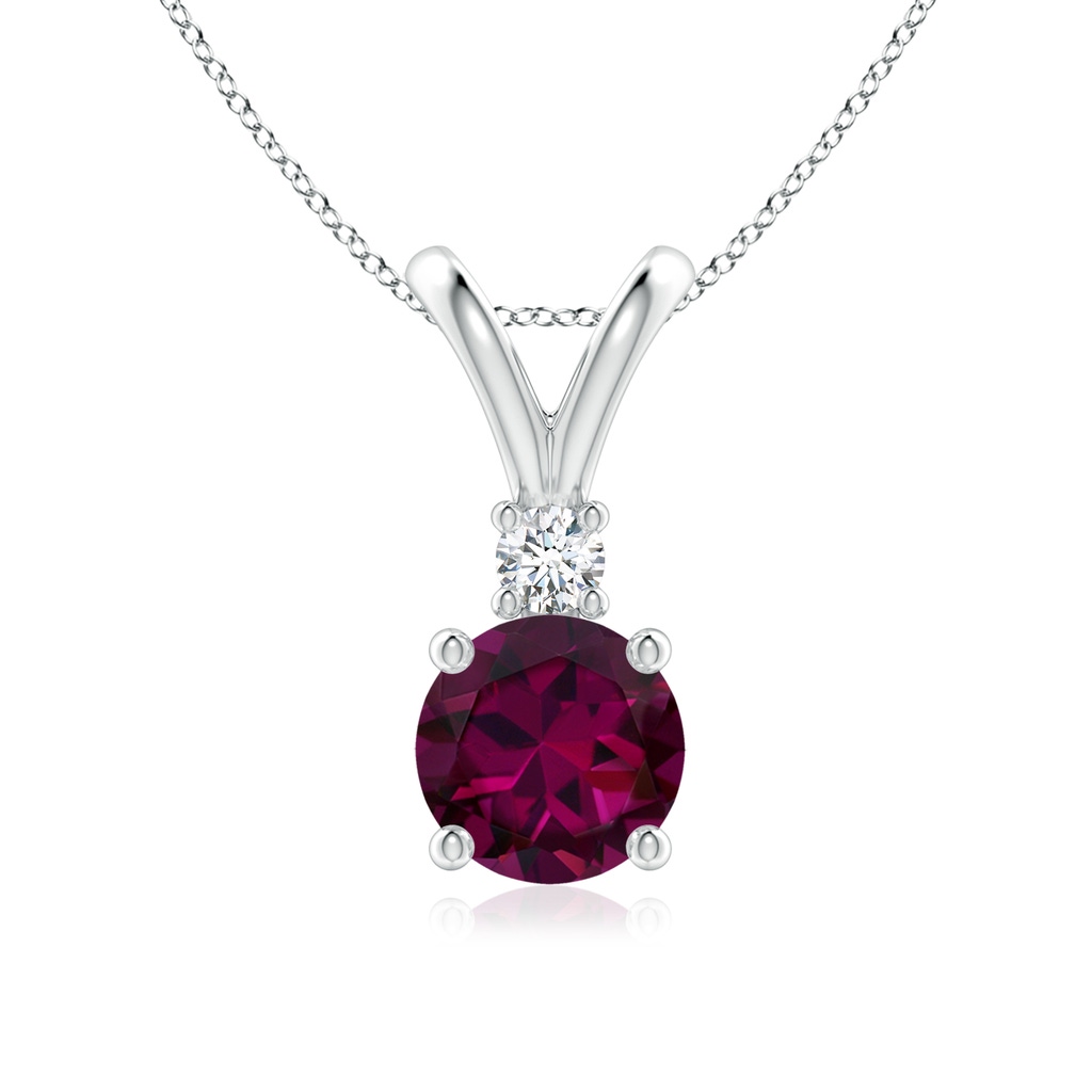 7mm AAAA Round Rhodolite Solitaire V-Bale Pendant with Diamond in White Gold