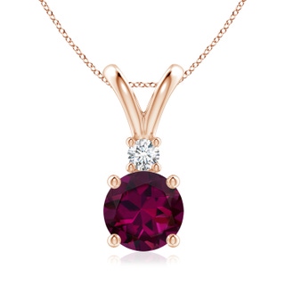 8mm AAAA Round Rhodolite Solitaire V-Bale Pendant with Diamond in Rose Gold
