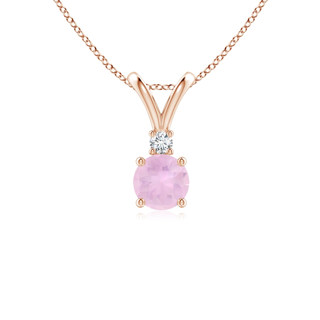 5mm AAAA Round Rose Quartz Solitaire V-Bale Pendant with Diamond in Rose Gold