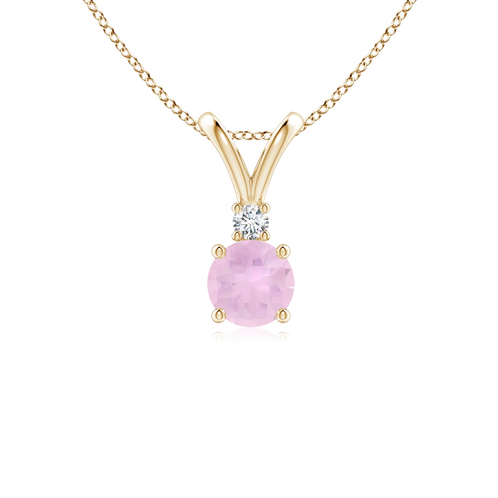 5mm AAAA Round Rose Quartz Solitaire V-Bale Pendant with Diamond in Yellow Gold