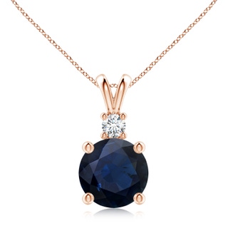 10mm A Round Blue Sapphire Solitaire V-Bale Pendant with Diamond in Rose Gold