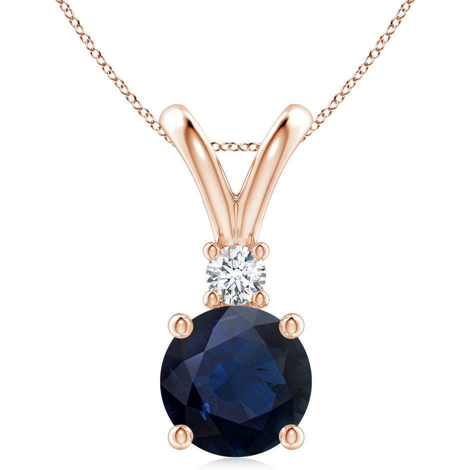 10mm A Round Blue Sapphire Solitaire V-Bale Pendant with Diamond in Rose Gold 