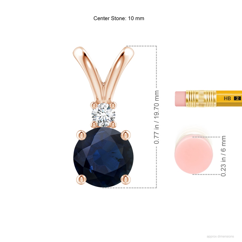 10mm A Round Blue Sapphire Solitaire V-Bale Pendant with Diamond in Rose Gold ruler