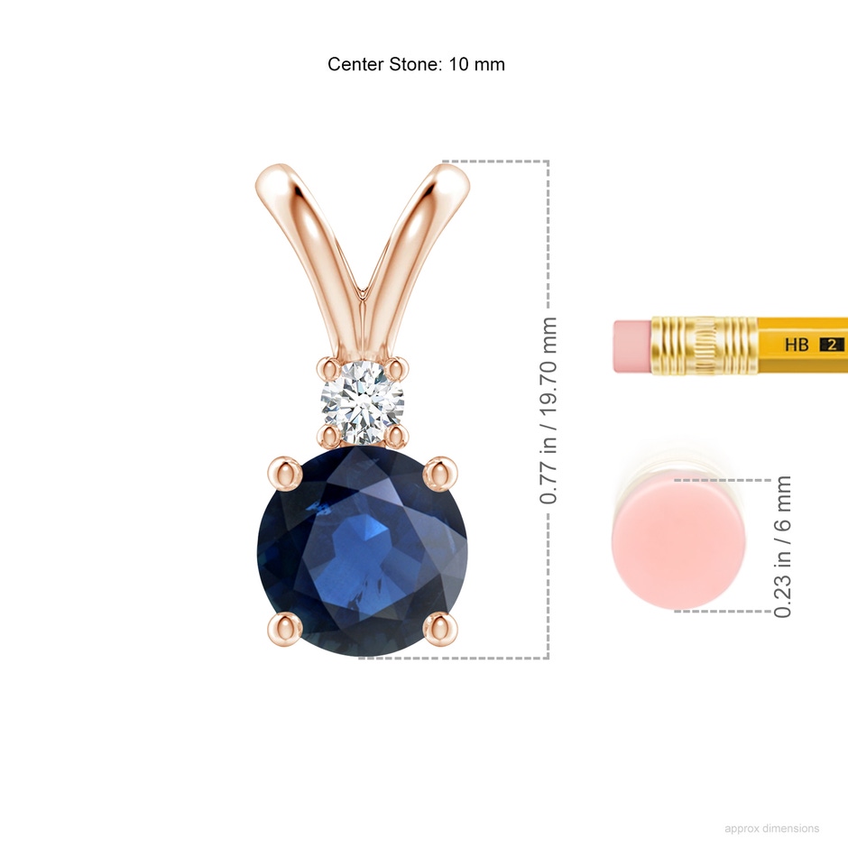 10mm AA Round Blue Sapphire Solitaire V-Bale Pendant with Diamond in Rose Gold ruler