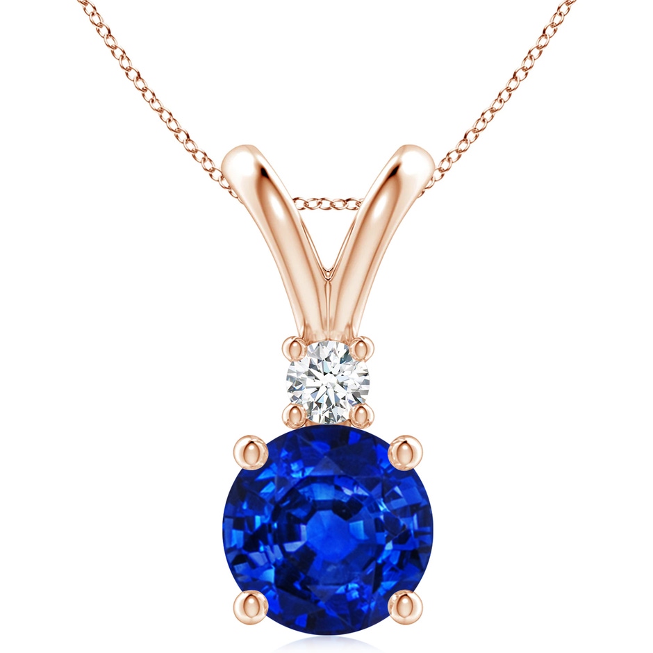 10mm AAAA Round Blue Sapphire Solitaire V-Bale Pendant with Diamond in Rose Gold 