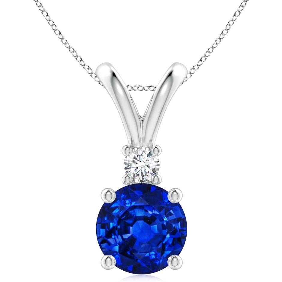 10mm AAAA Round Blue Sapphire Solitaire V-Bale Pendant with Diamond in White Gold 