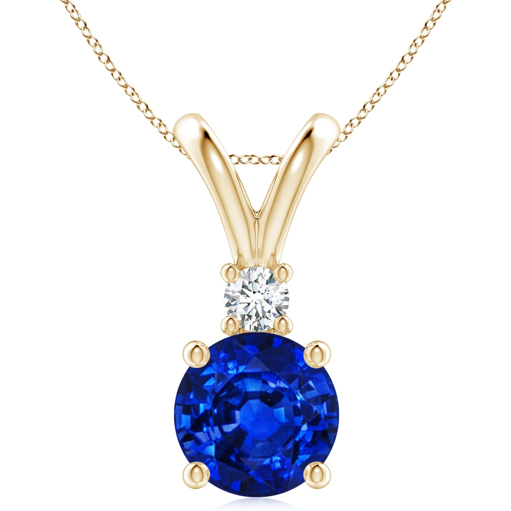 10mm AAAA Round Blue Sapphire Solitaire V-Bale Pendant with Diamond in Yellow Gold