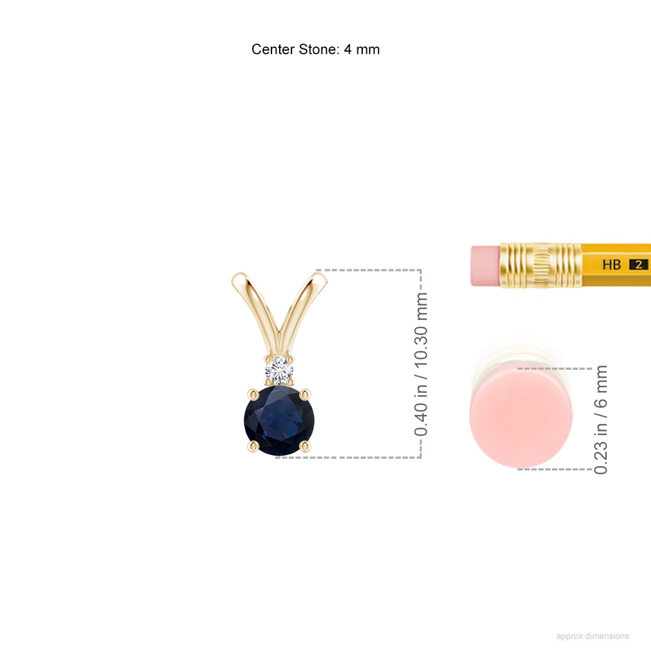 4mm A Round Blue Sapphire Solitaire V-Bale Pendant with Diamond in Yellow Gold ruler