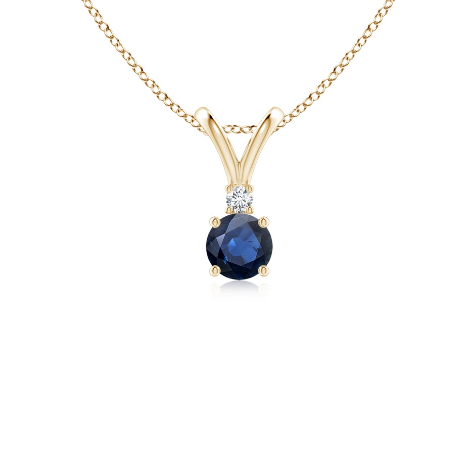 4mm AA Round Blue Sapphire Solitaire V-Bale Pendant with Diamond in Yellow Gold 