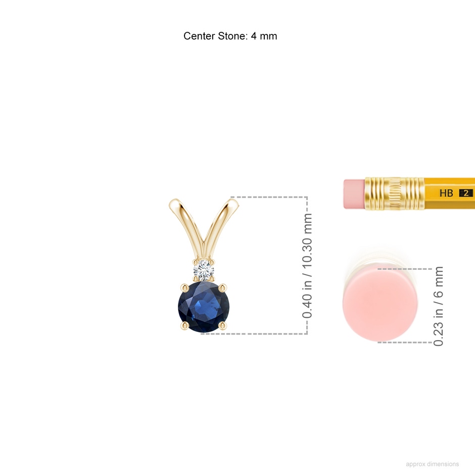 4mm AA Round Blue Sapphire Solitaire V-Bale Pendant with Diamond in Yellow Gold ruler