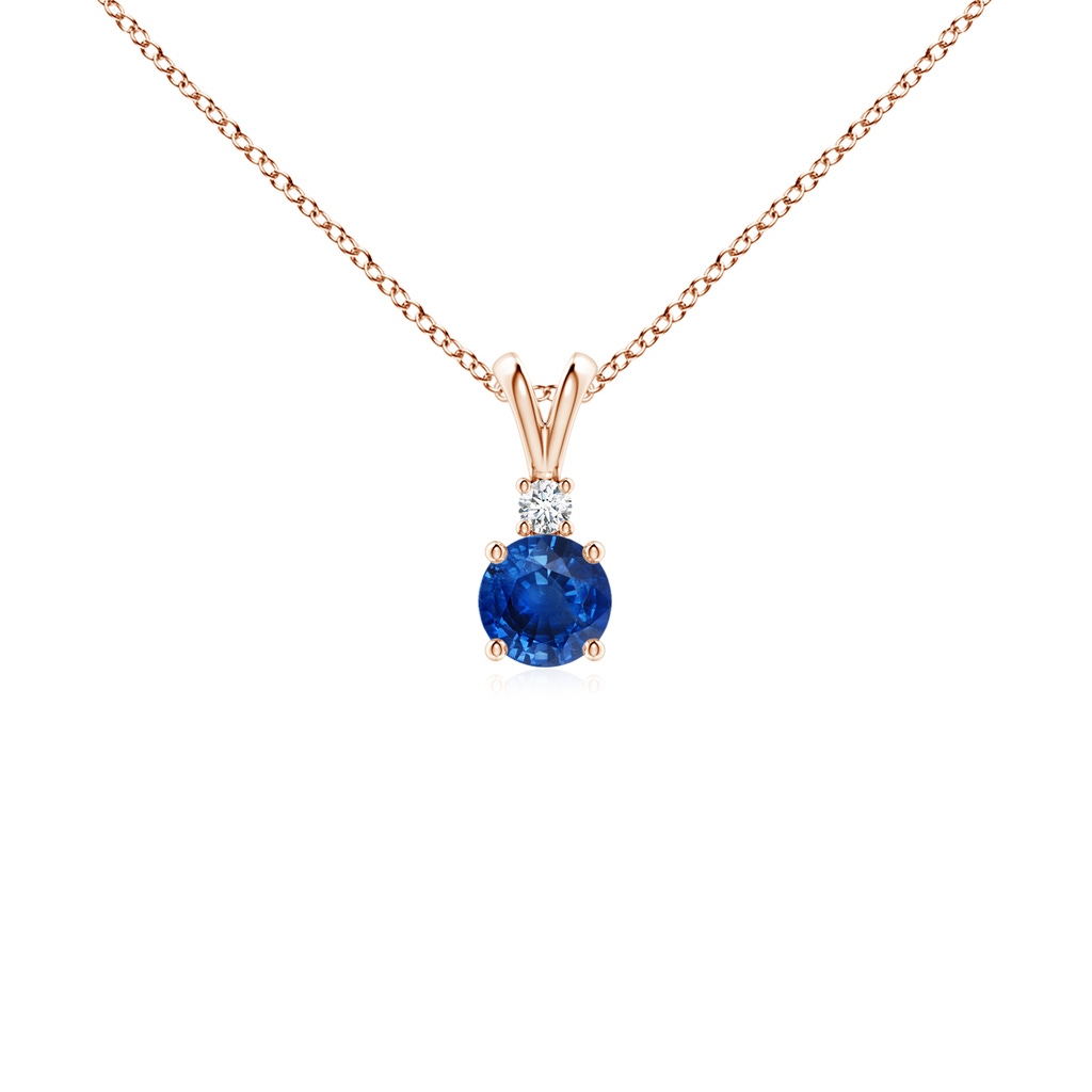 4mm AAA Round Blue Sapphire Solitaire V-Bale Pendant with Diamond in Rose Gold