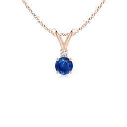 4mm AAA Round Blue Sapphire Solitaire V-Bale Pendant with Diamond in Rose Gold