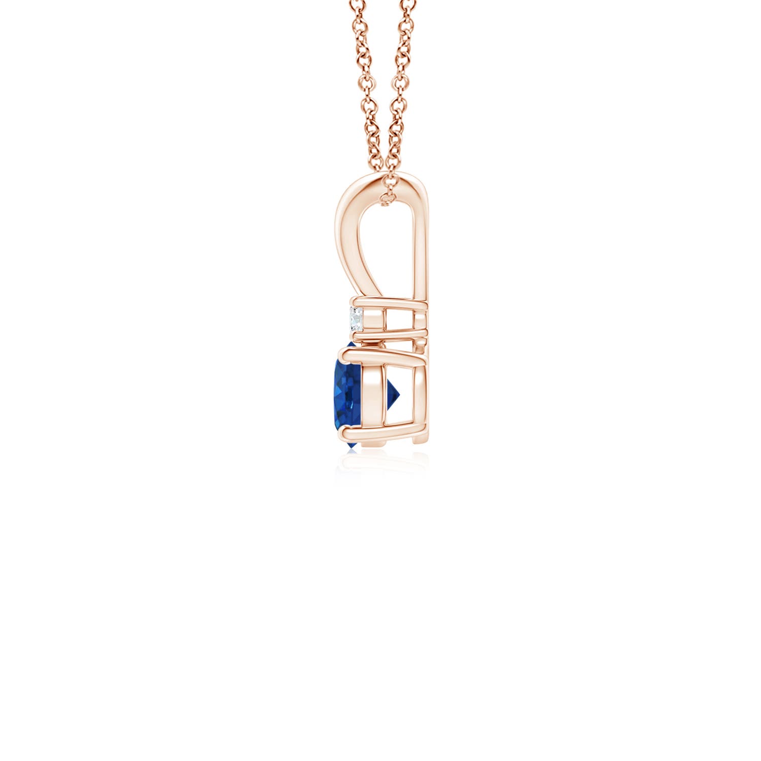 4mm AAA Round Blue Sapphire Solitaire V-Bale Pendant with Diamond in Rose Gold - side 3