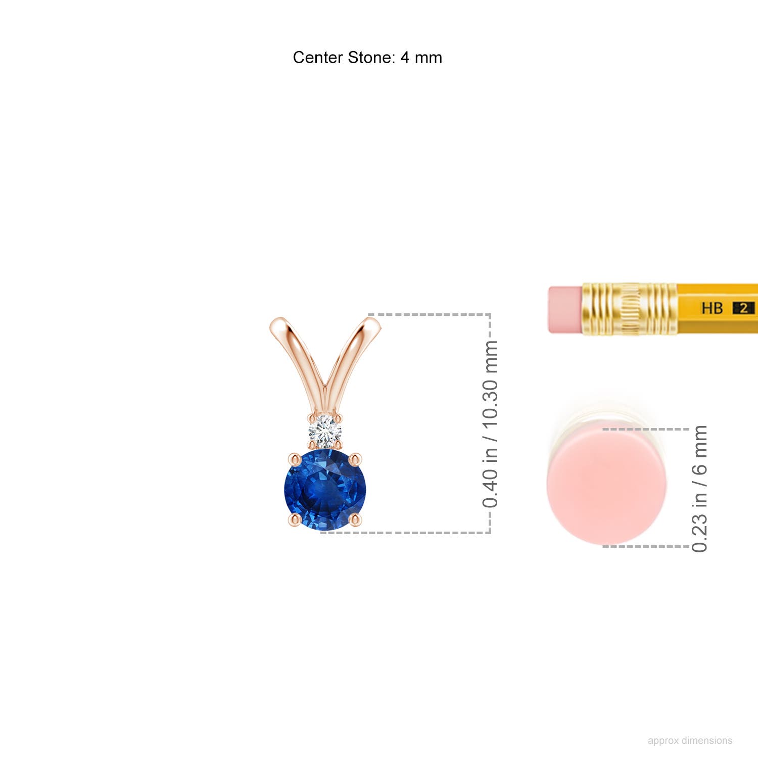 4mm AAA Round Blue Sapphire Solitaire V-Bale Pendant with Diamond in Rose Gold - ruler